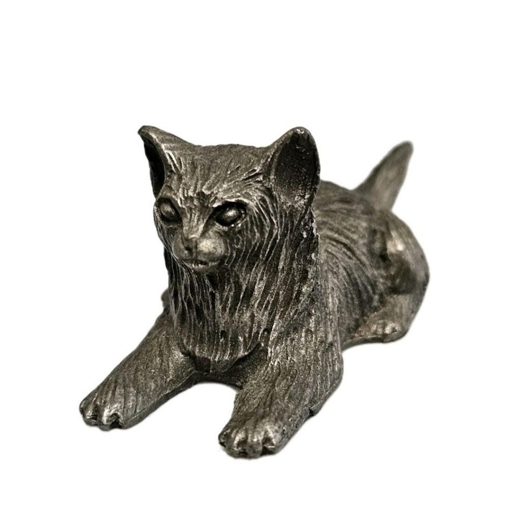 Vintage Hudson Pewter Cat Figurine Silver Miniature Reclining Wilson USA Metal